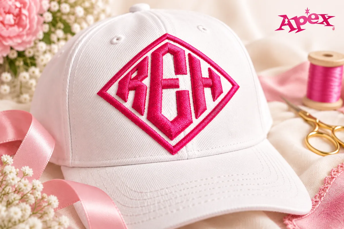 Puff 3D diamond embroidery font stitched on a white baseball cap