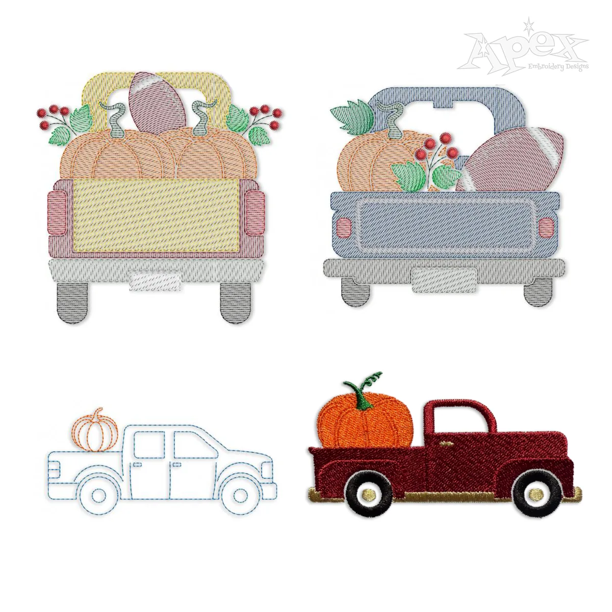 Pumpkin Fall Autumn Pick up Truck Embroidery Designs by Apex