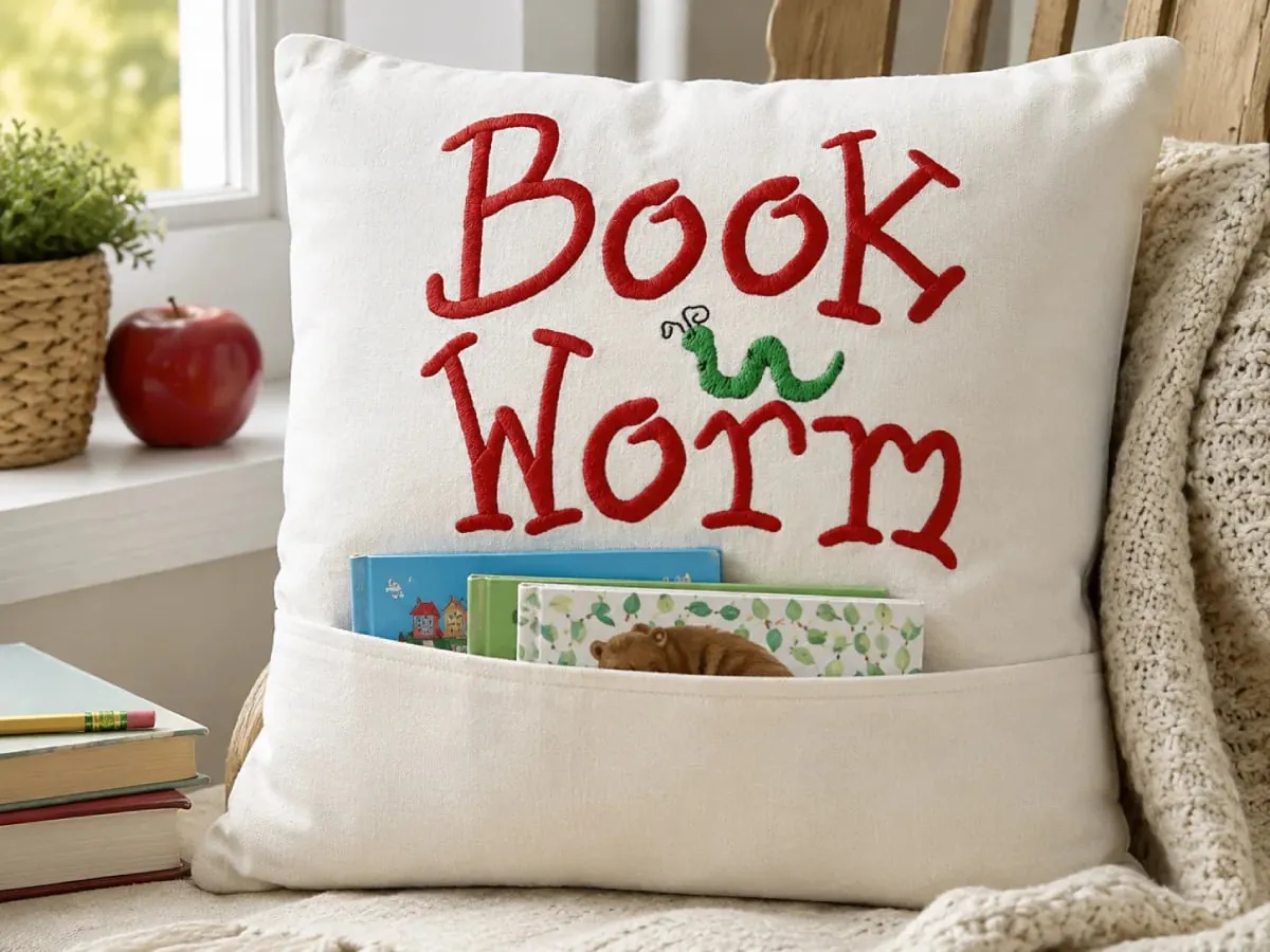 Reading pillow with a front book pocket and Bookworm embroidery — a cozy gift idea for young readers during the school year.