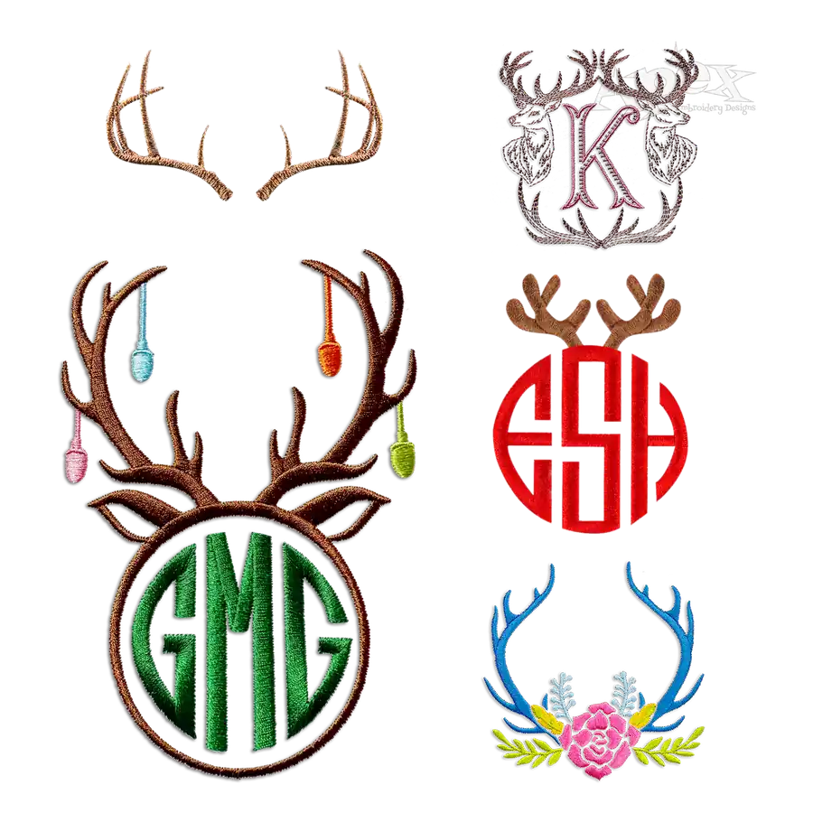Christmas Reindeer Antler Monogram Frame Topper Embroidery all
