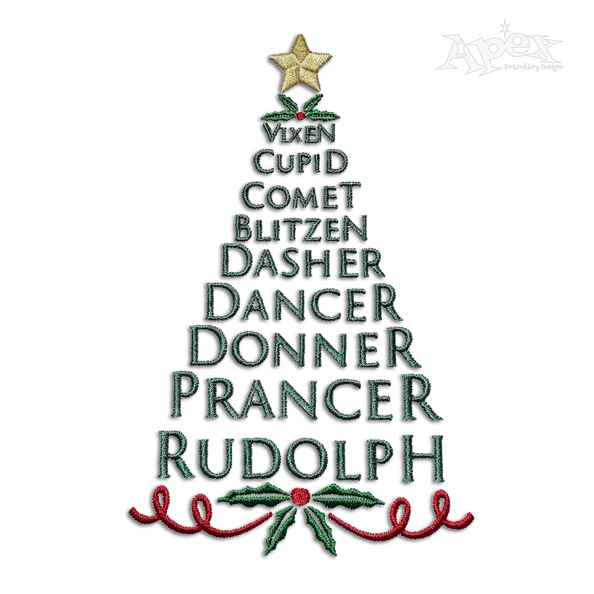 Reindeer Names Christmas Tree Machine Embroidery Design