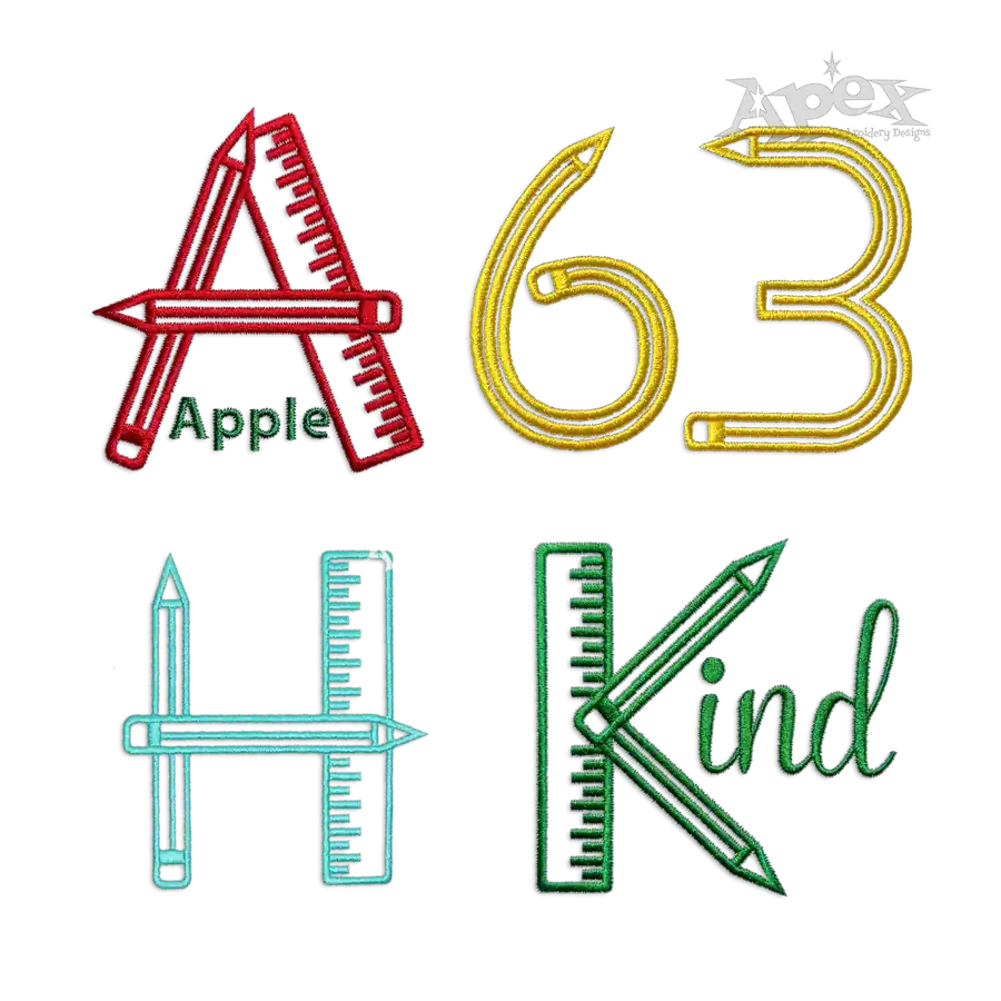School embroidery font preview showing letter A, number 63, letter H and KIND designs with pencil and ruler details