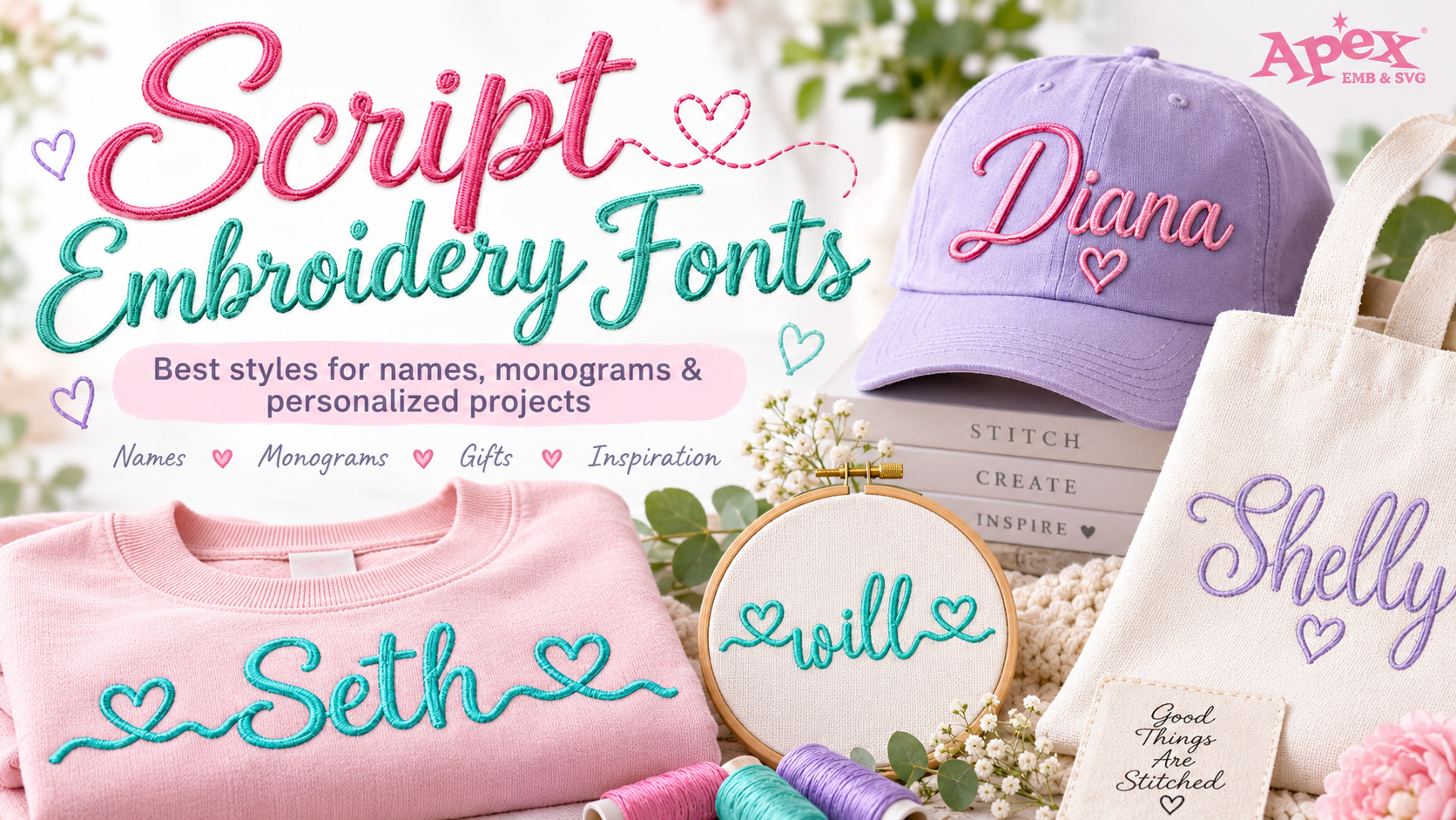 Script embroidery fonts for names, monograms and personalized projects