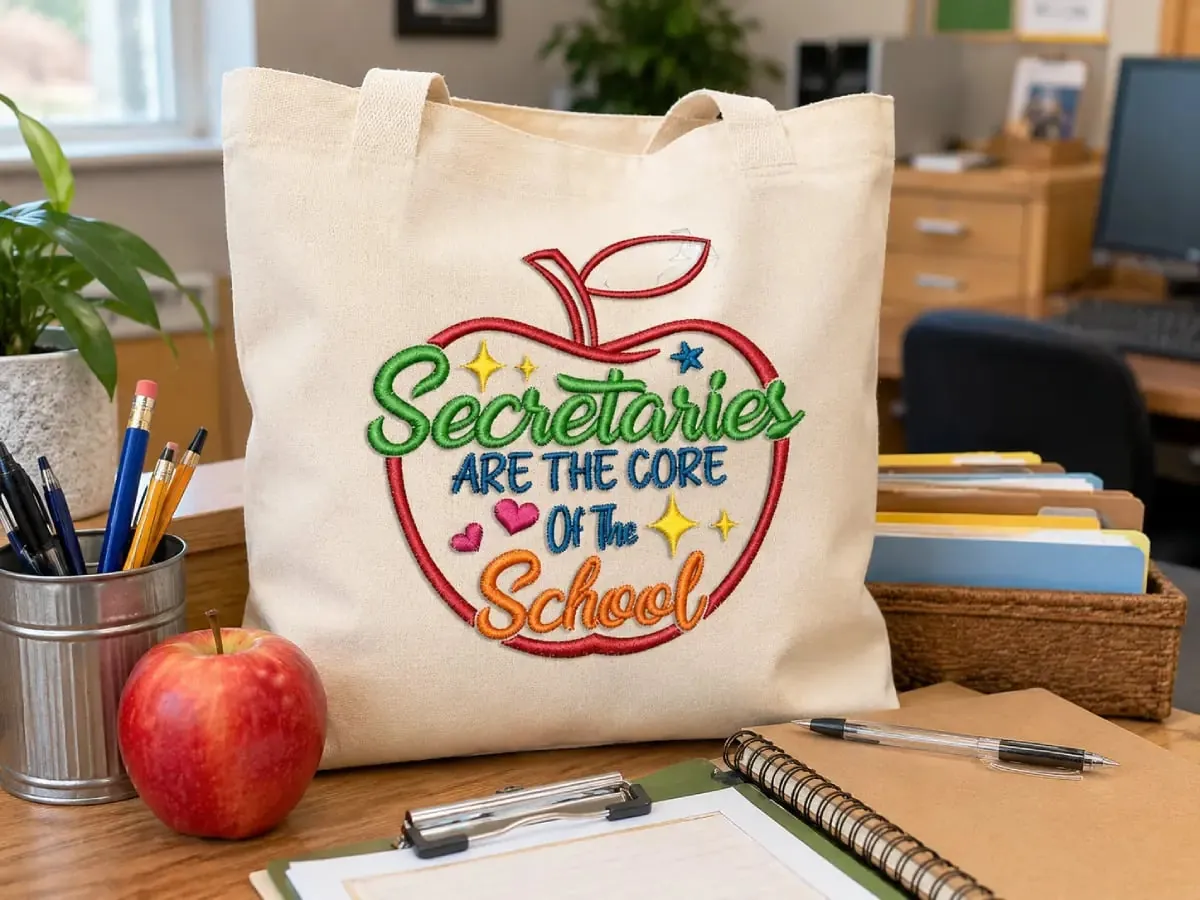 Secretary gift tote with colorful apple embroidery — a thoughtful back-to-school idea for school office staff and support teams.
