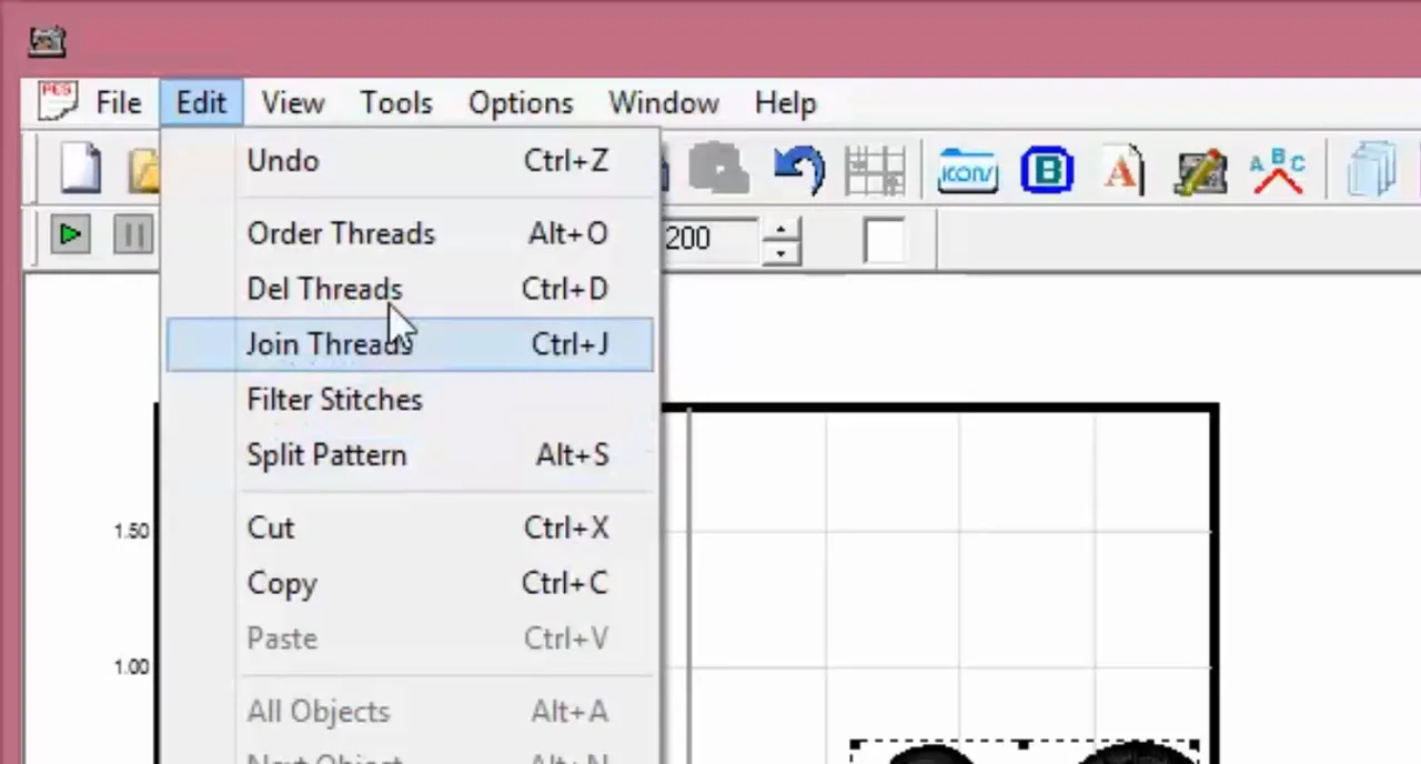 SewWhat-Pro Edit menu with Join Threads selected