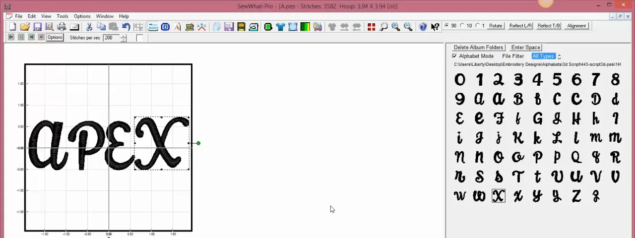 The word APEX built from separate script font letters in SewWhat-Pro