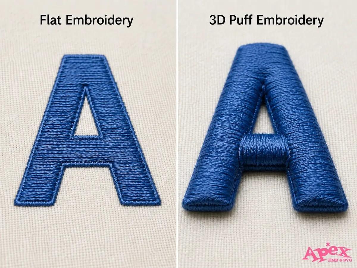 Side-by-side comparison of flat embroidery and raised 3D puff embroidery on the same letter.