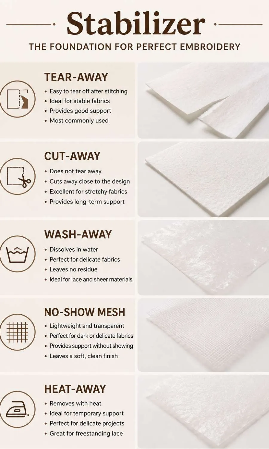 Stabilizers are used to support and secure the stitches during embroidery.