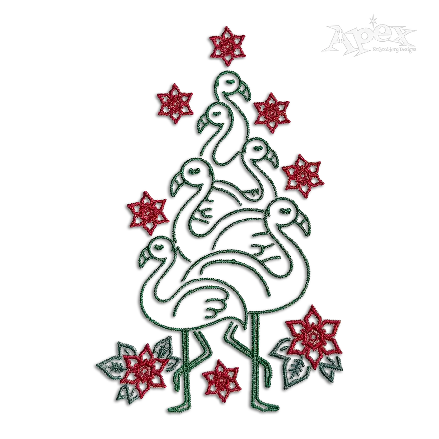 Flamingo and Poinsettia Christmas Tree Embroidery Design Digitize