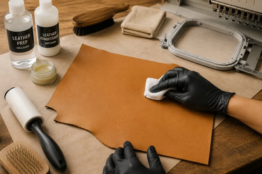 Step clean the surface of the leather before embroidery