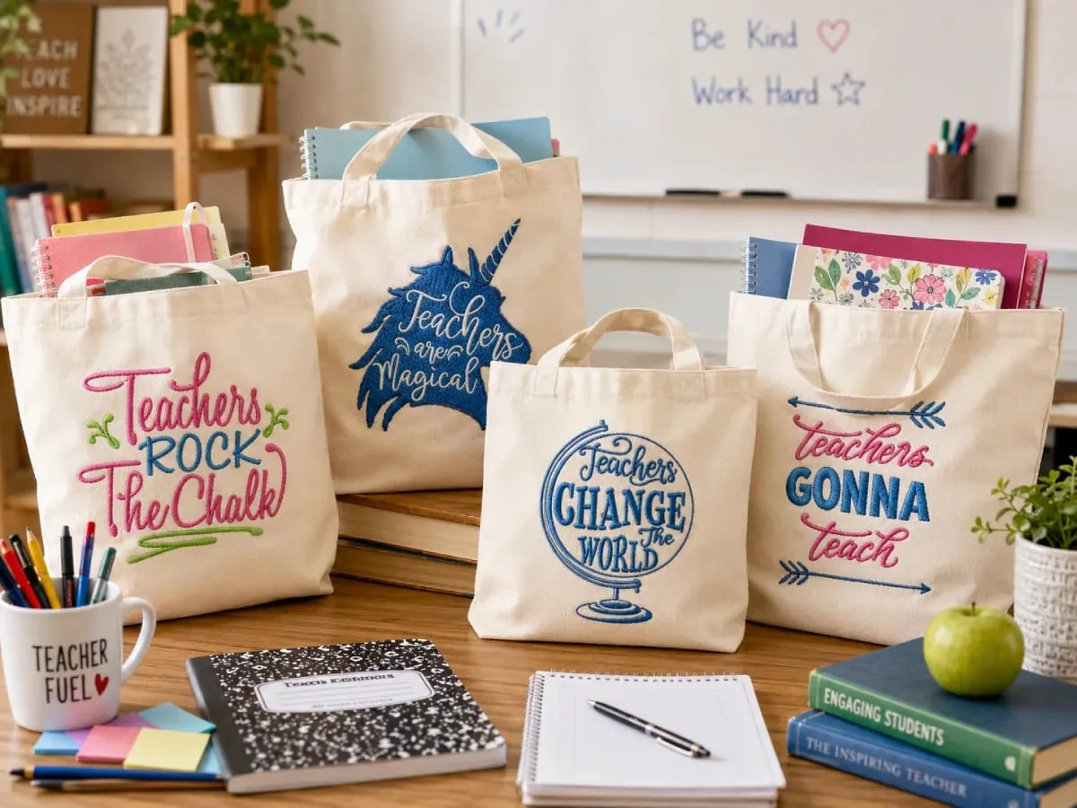 Teacher quote embroidery designs add personality to tote bags while making them practical gifts for carrying classroom essentials.
