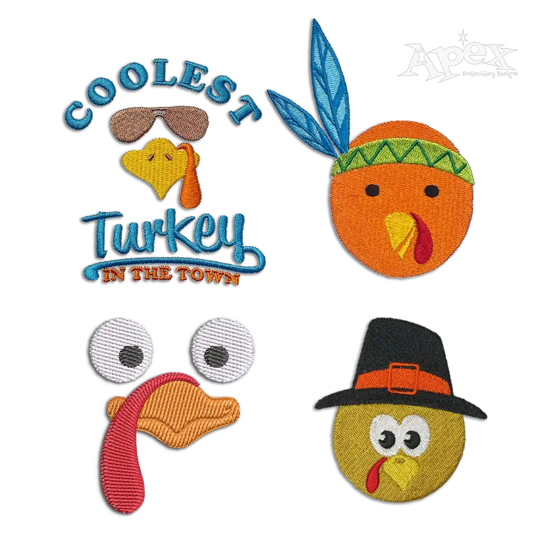 Thanksgiving Turkey Face Head Machine Embroidery Designs by Apex Digitizing