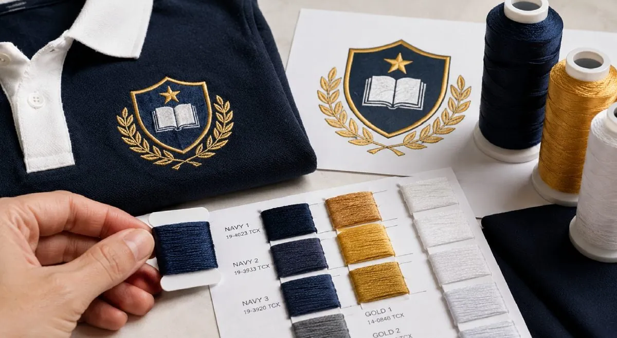 Thread color should match the school identity, but real thread can reflect light differently than digital artwork.