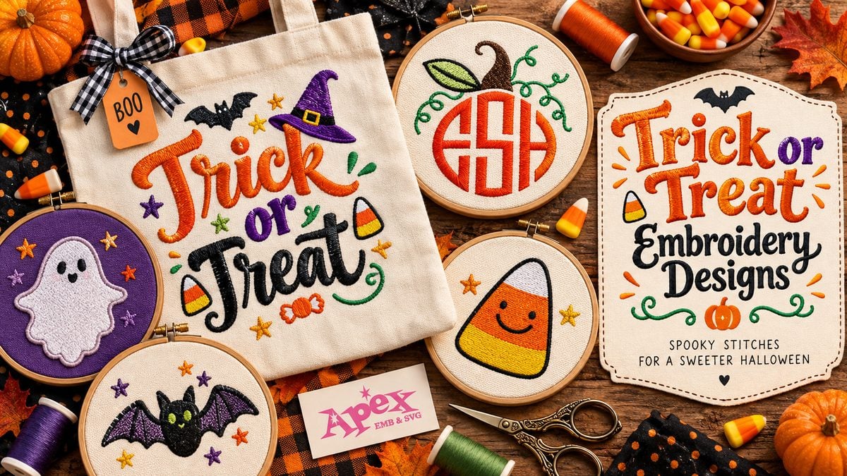 Trick or treat embroidery designs with ghost, bat, candy corn and pumpkin monogram on a tote bag and embroidery hoops
