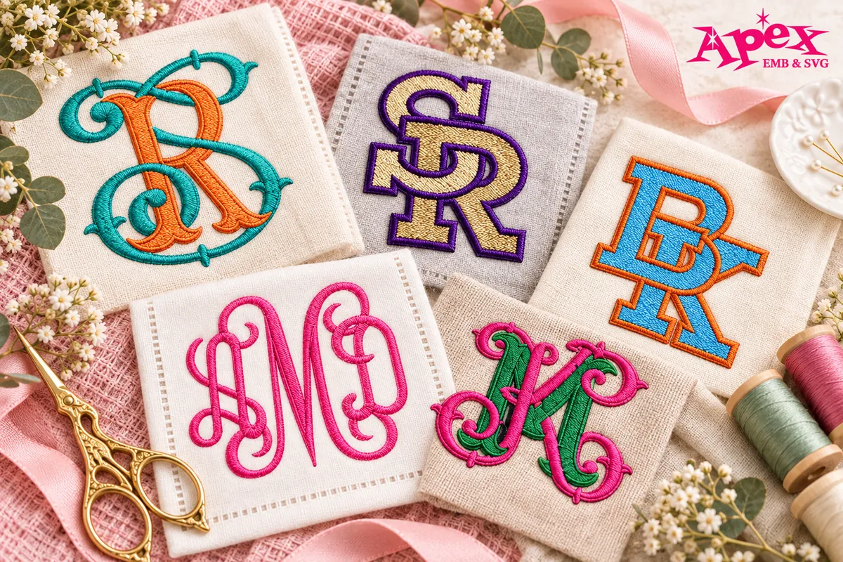 Vine, script and varsity interlocking monogram embroidery font examples from Apex