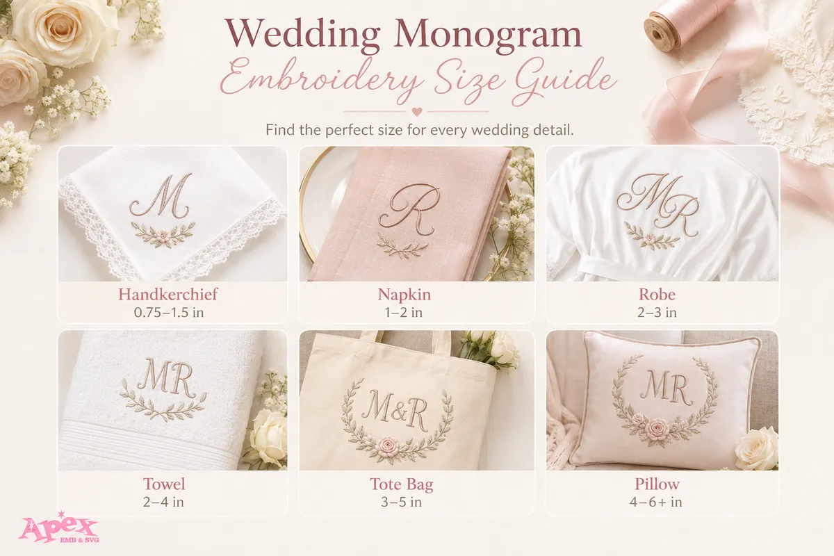 Wedding monogram embroidery size guide for handkerchiefs, napkins, robes, towels, tote bags, and pillows