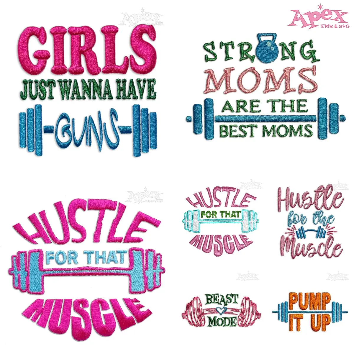 Weightlifting Gym Embroidery Designs Bundle — Hustle, Beast Mode & Gym Sayings