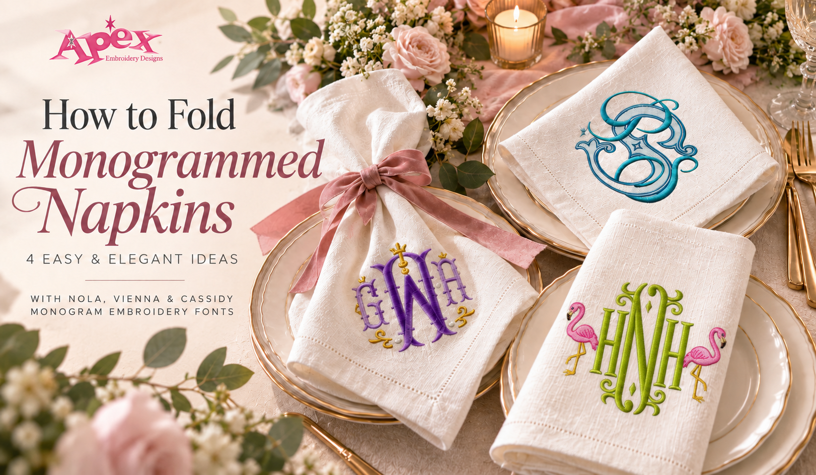 Monogrammed napkins styled with Nola, Vienna and Cassidy embroidery fonts