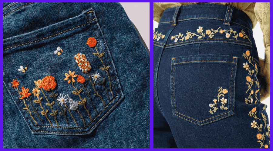 The trend of embroidering designs on jeans pockets.