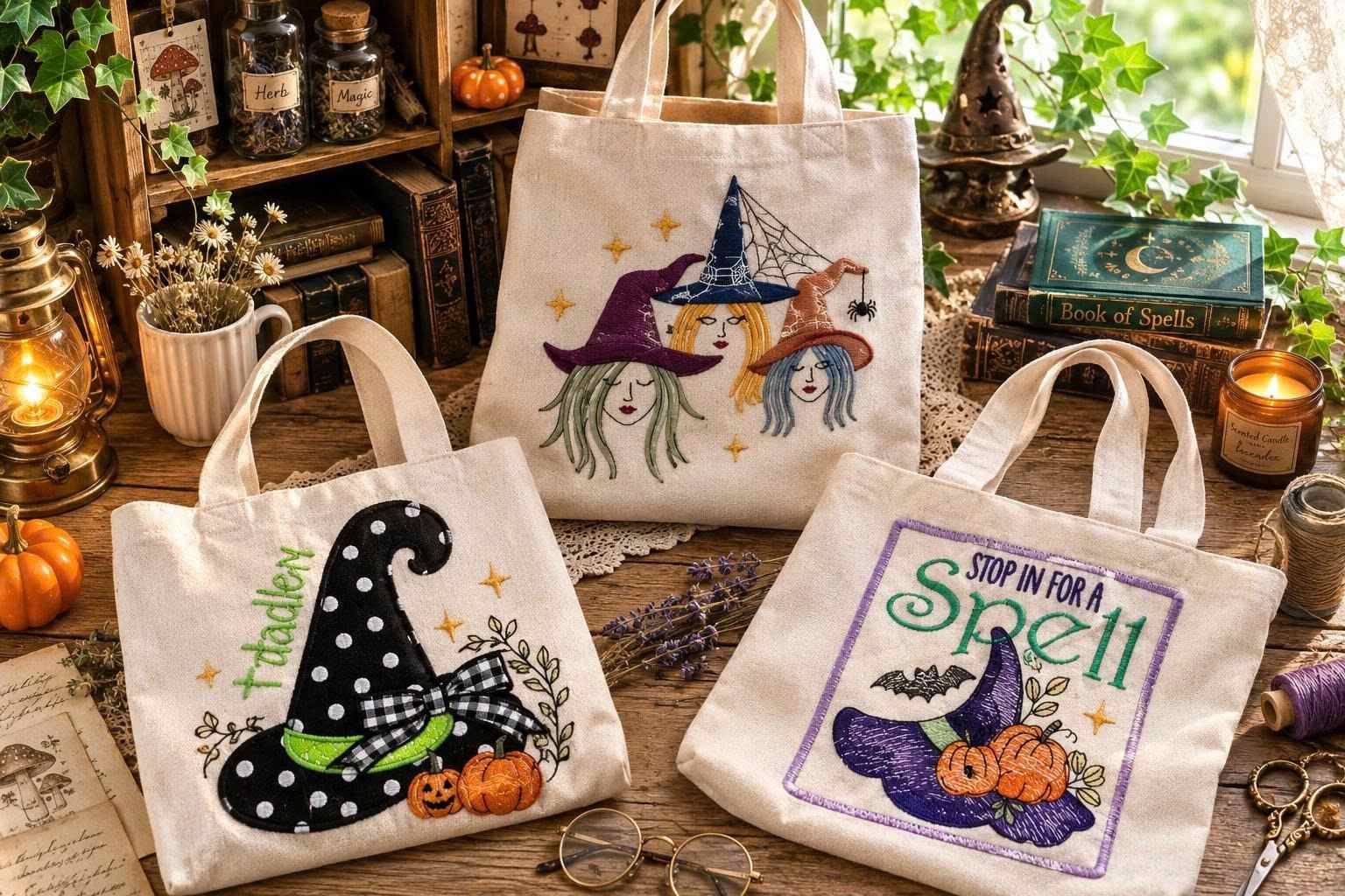 Witch-themed embroidery designs for tote bags