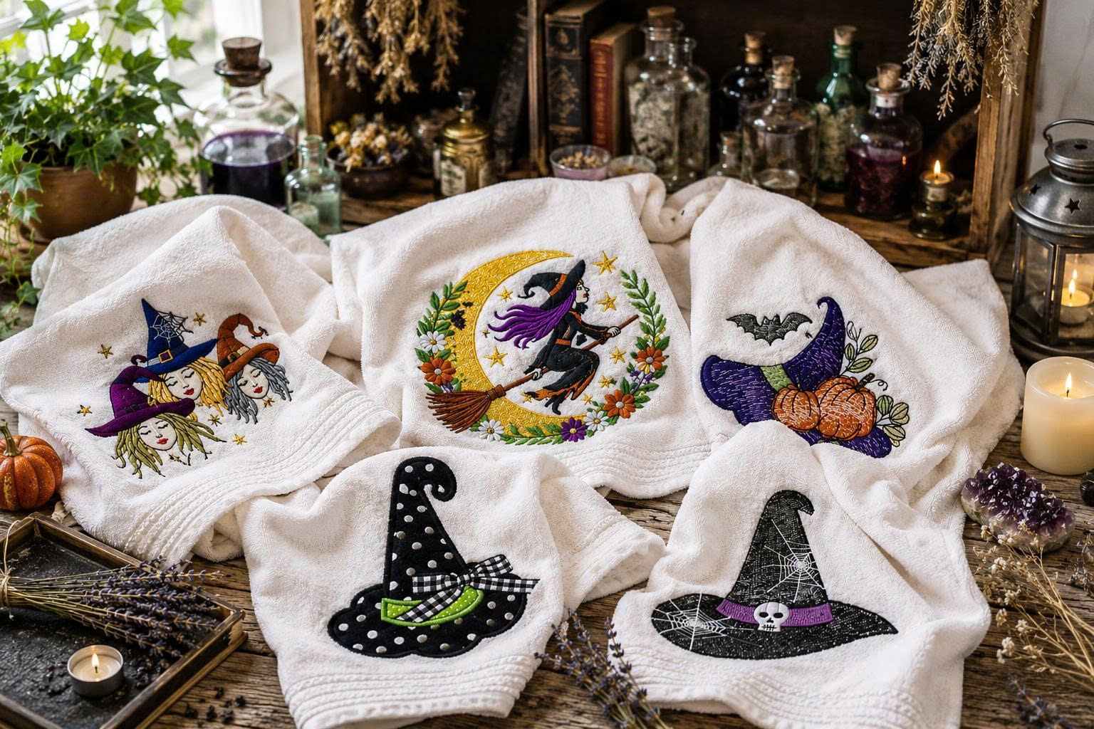 Witch-themed embroidery designs for towels