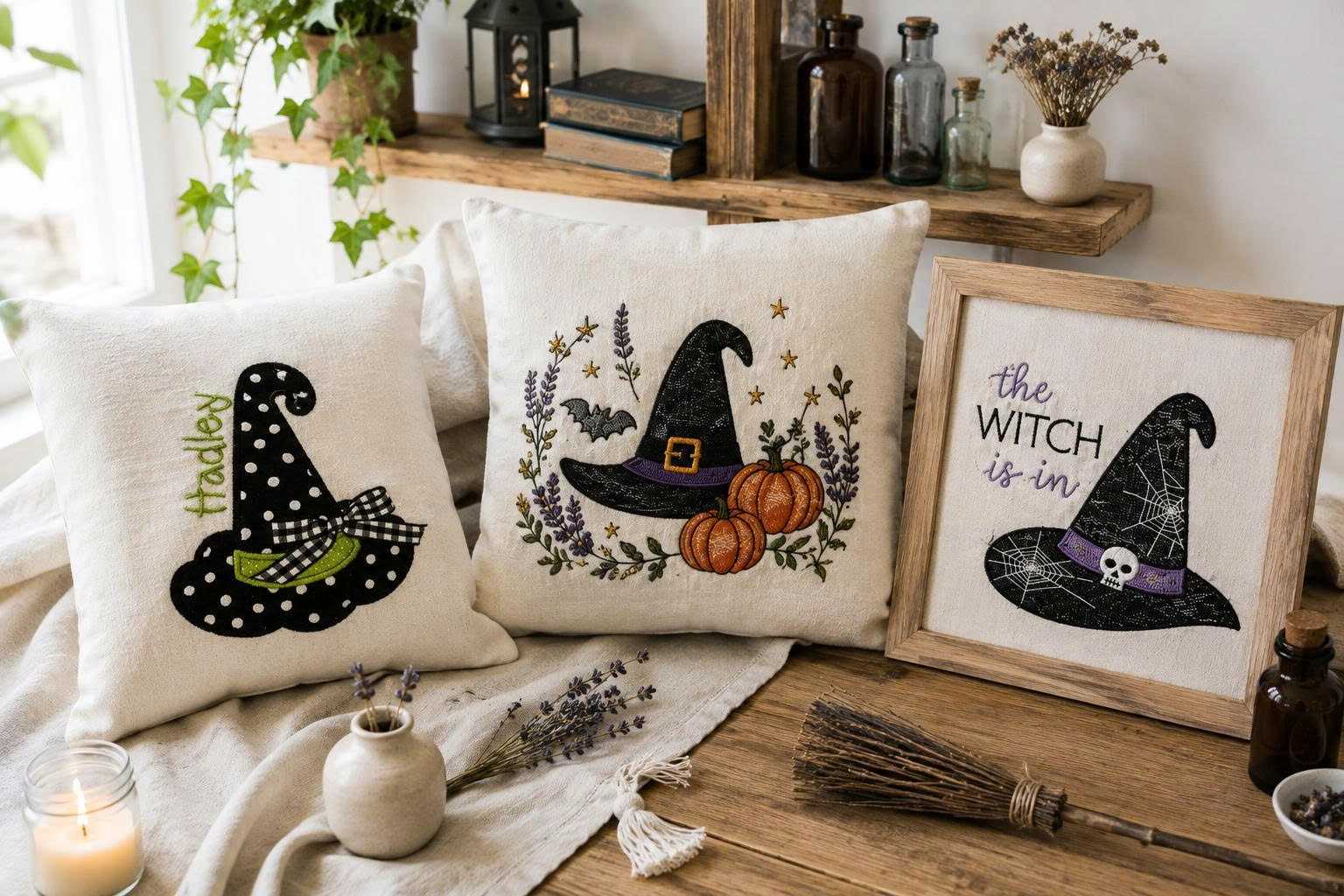 Witch-themed embroidery patterns for home decoration