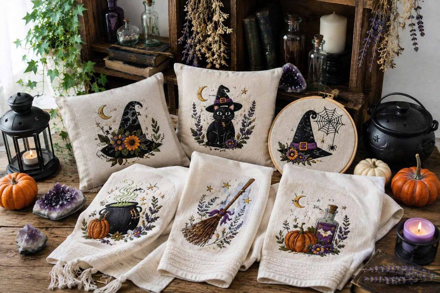 Seasonal witch-themed embroidery patterns for autumn and Halloween