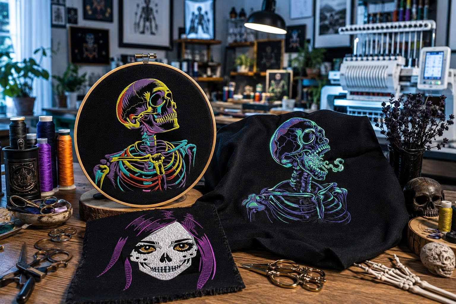 The unique artistic appeal of Halloween-themed skeleton embroidery designs.