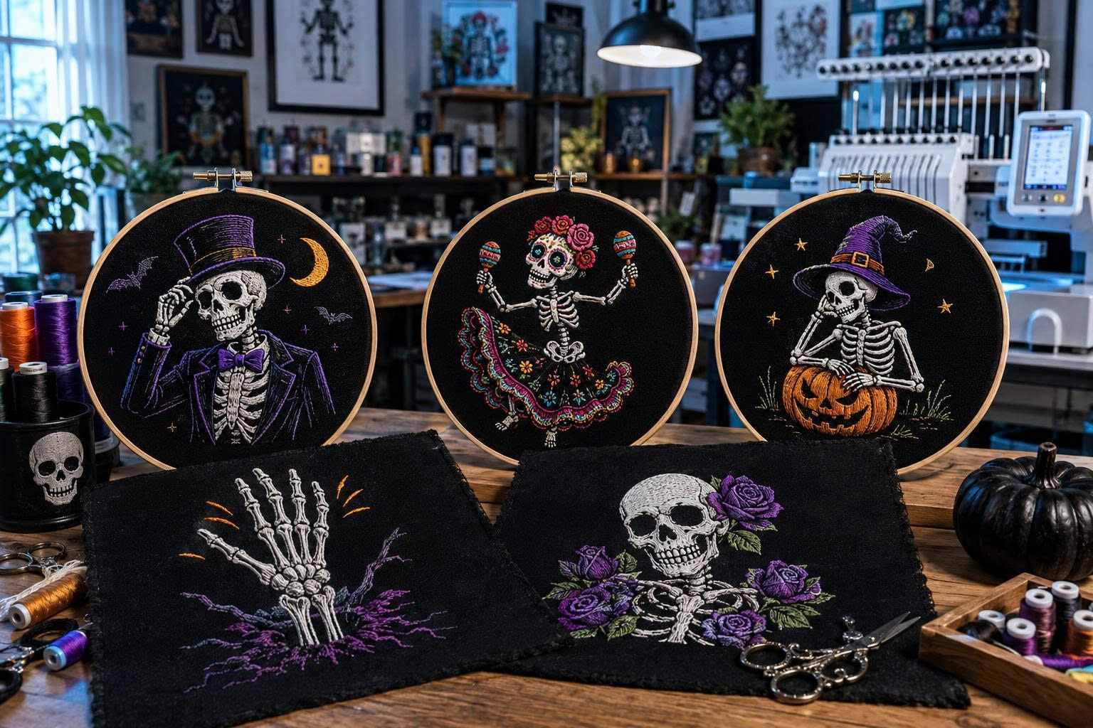 The most popular and timeless Halloween skeleton embroidery designs.