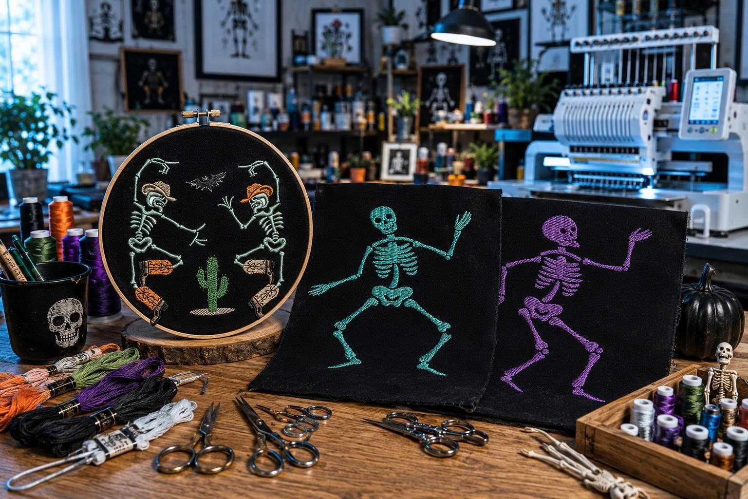 Get creative with skeleton embroidery patterns for Halloween.