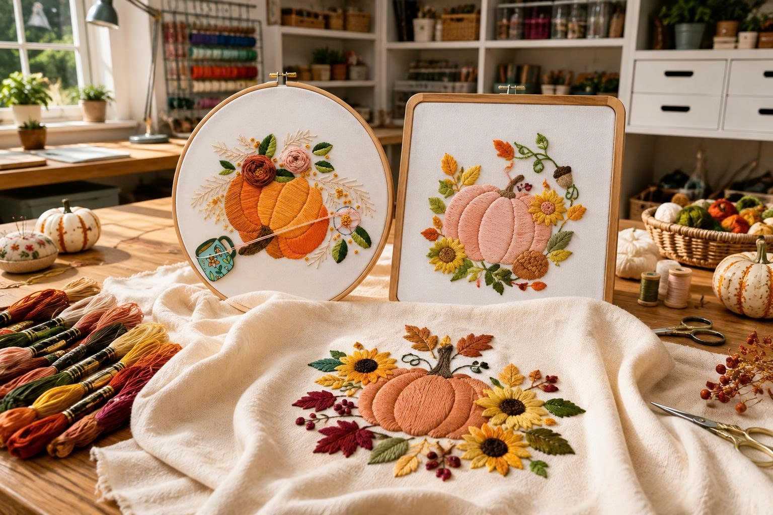 Pumpkin embroidery patterns with floral motifs