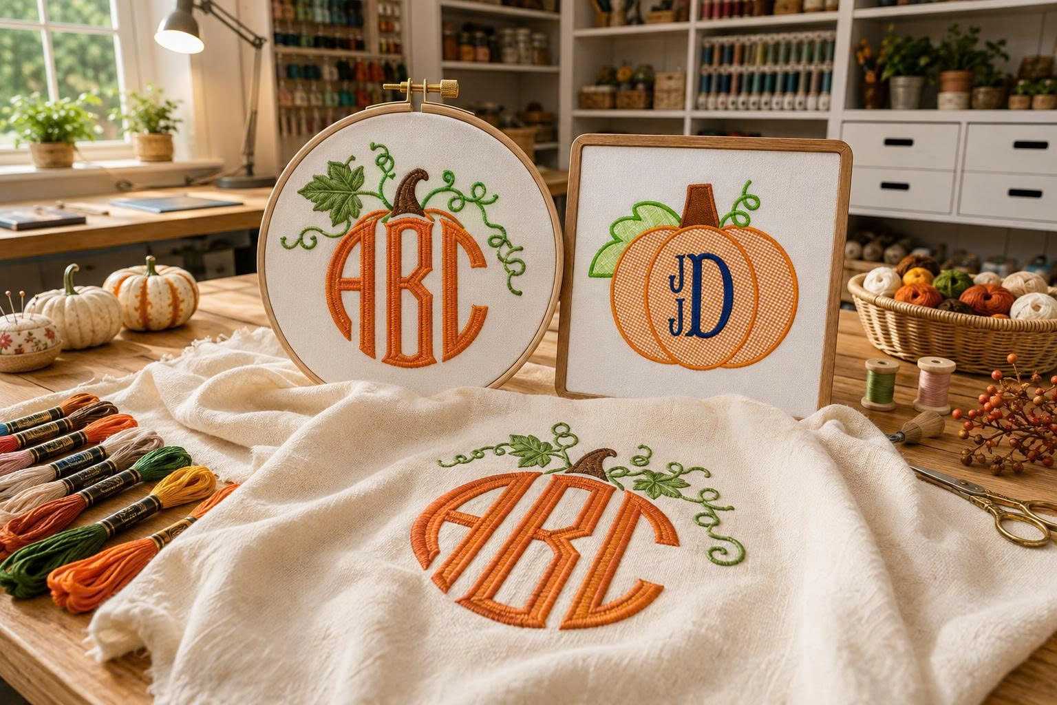 Pumpkin embroidery designs combined with stylized lettering.
