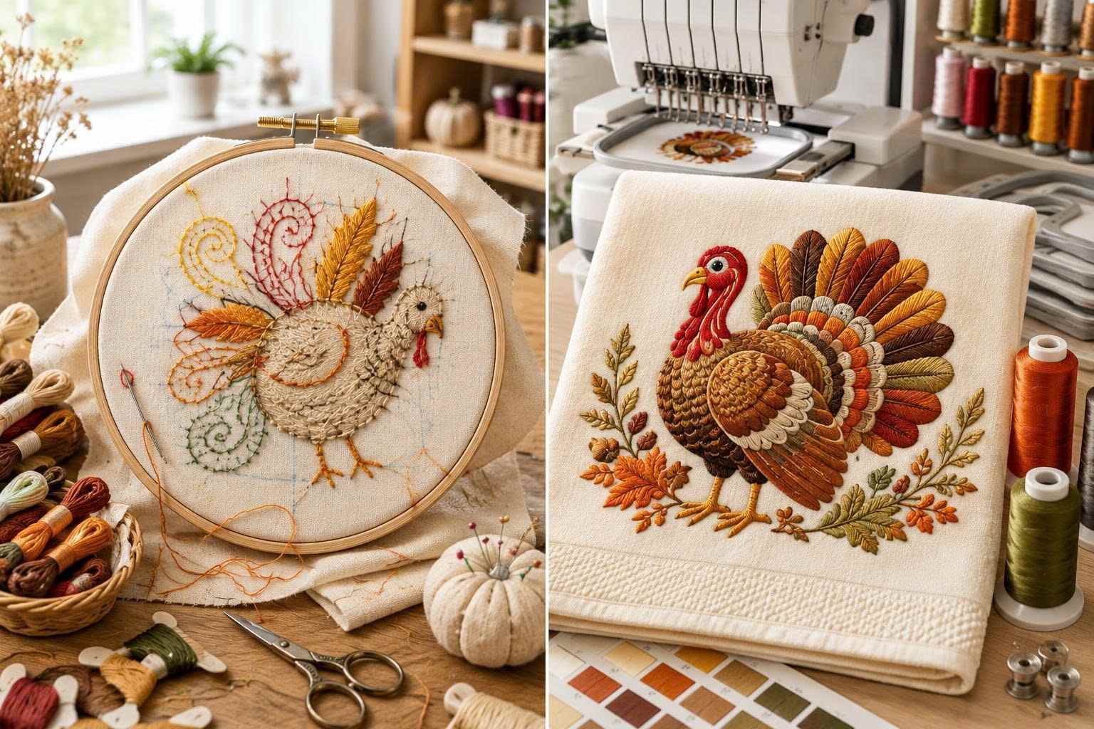 Comparing machine-embroidered and hand-embroidered turkey designs.