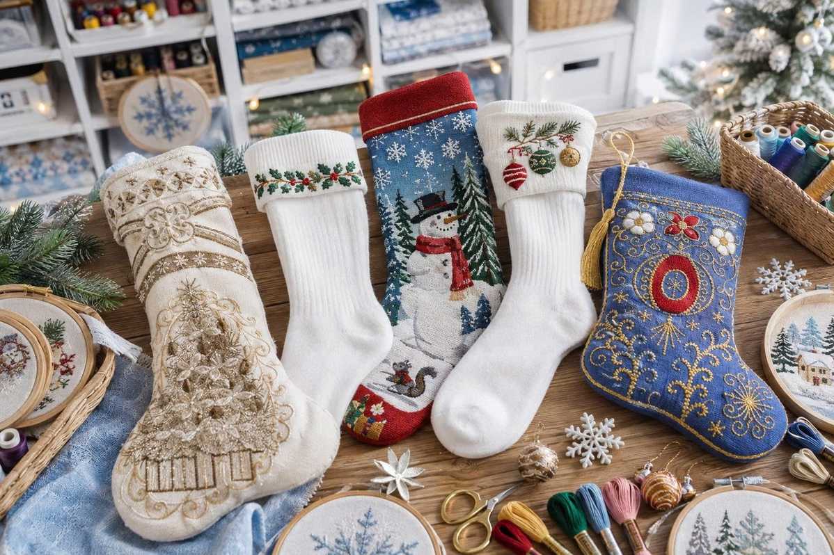 Vintage-style embroidered Christmas stocking designs exude timeless elegance.