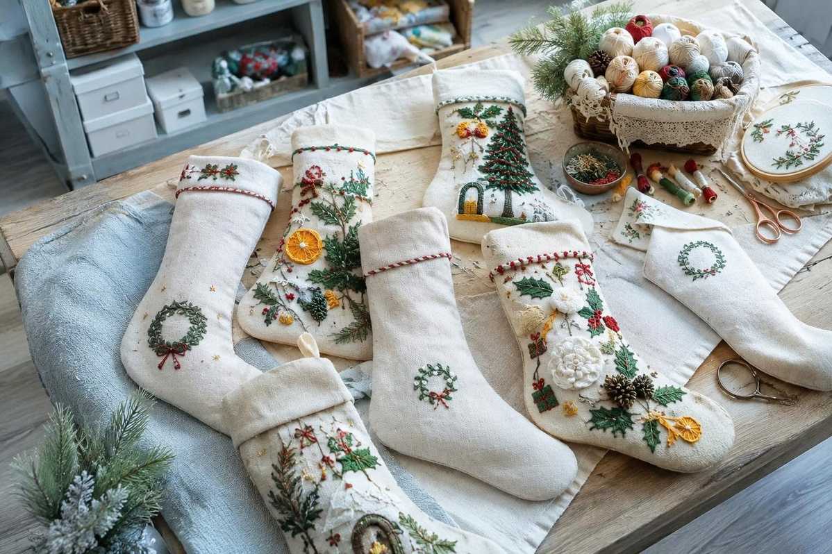 Rustic and country-style embroidered Christmas stocking designs
