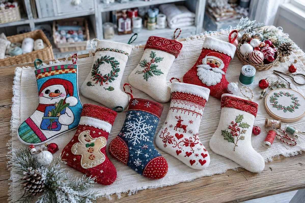 Comparing machine embroidery and hand embroidery for Christmas stocking designs.