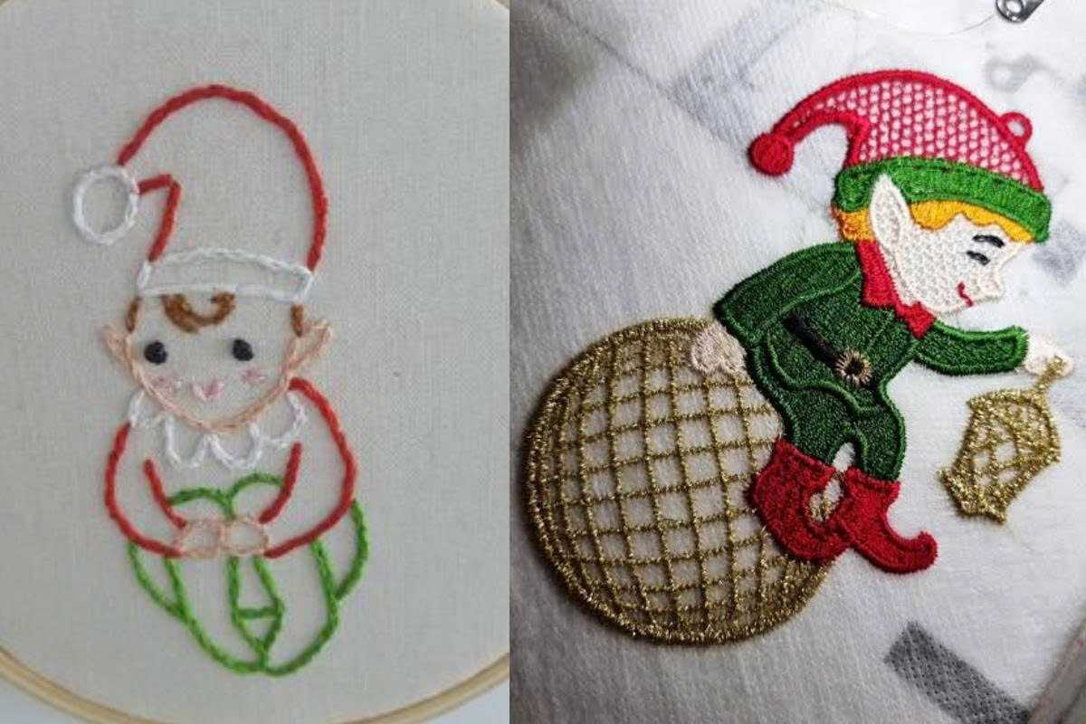 Comparing machine embroidery and hand embroidery for Elf designs.