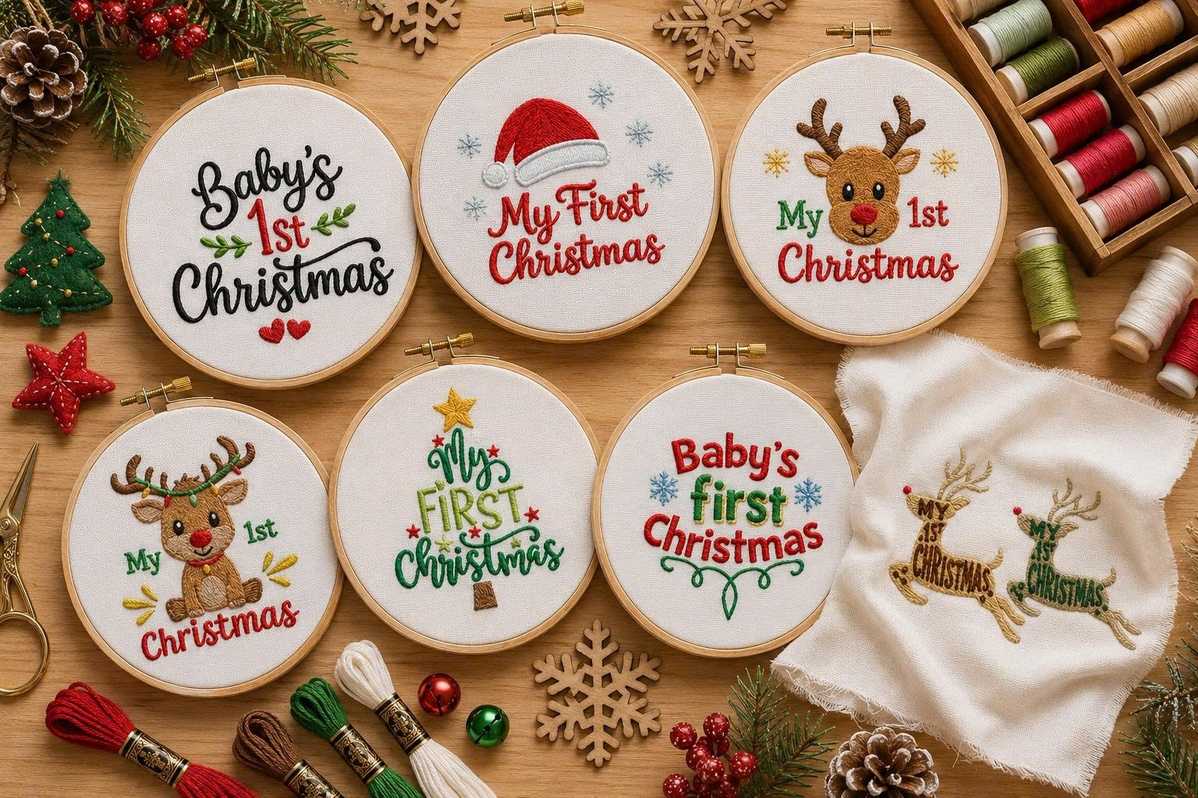 Essential Christmas imagery for your baby's first Christmas embroidery design.