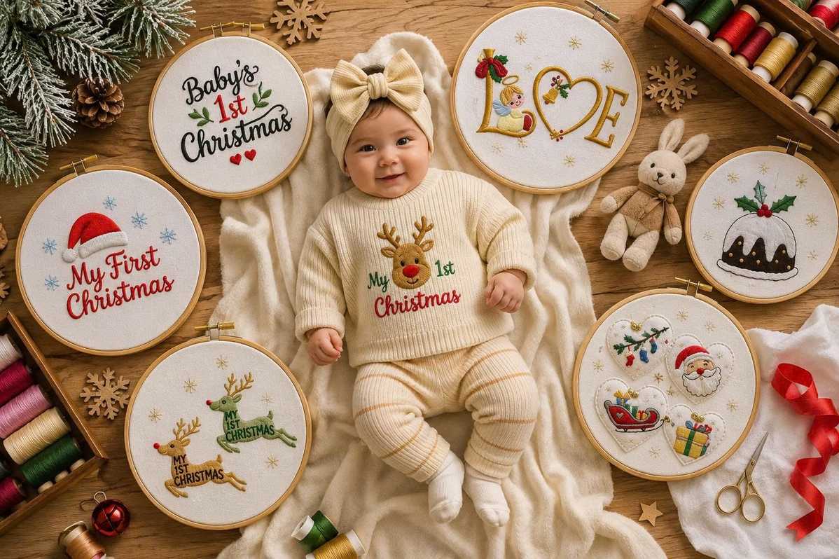 "Baby's First Christmas" embroidery designs are especially popular with families.