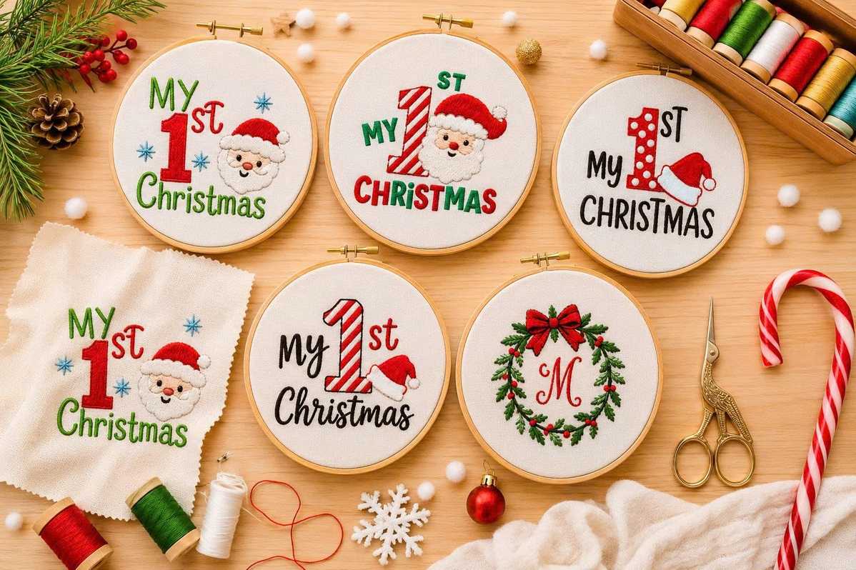 Embroidery fonts perfect for baby's first Christmas designs.