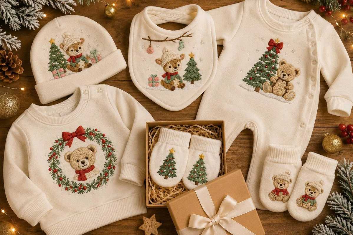 Creative gift ideas featuring "Baby's First Christmas" embroidery designs.