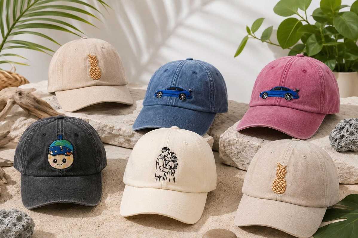 Embroidery patterns on hats that are popular with customers.