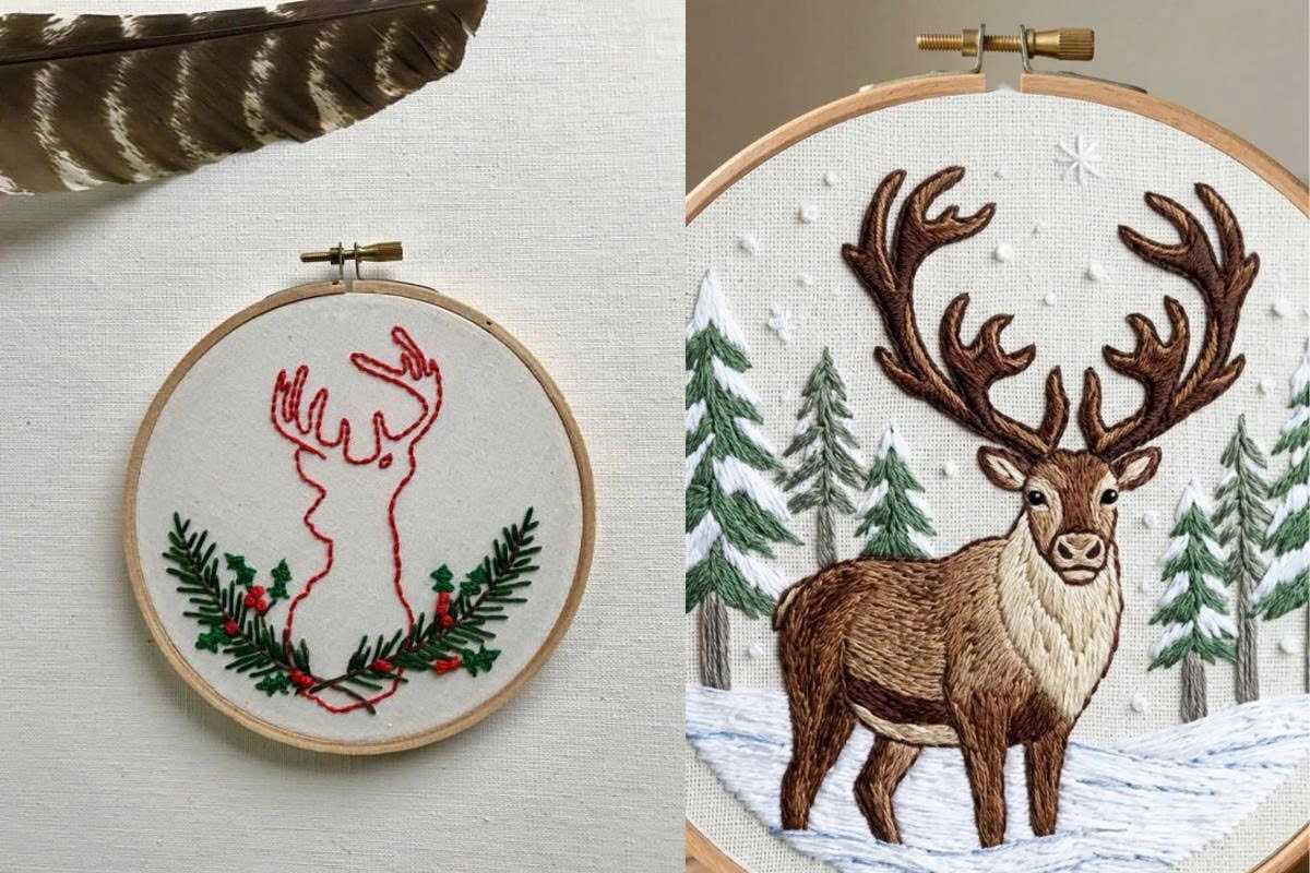 Comparing machine embroidery and hand embroidery for reindeer designs.