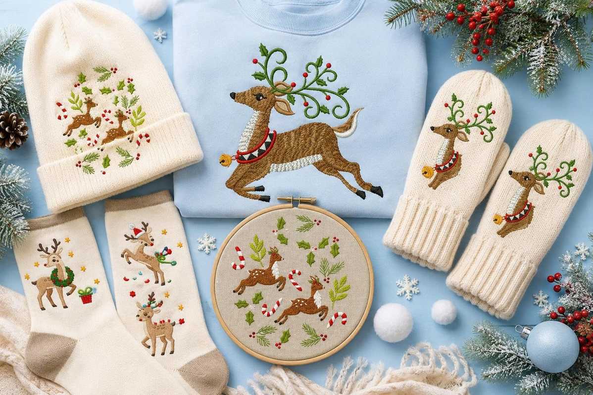 Selling handcrafted products featuring reindeer embroidery.
