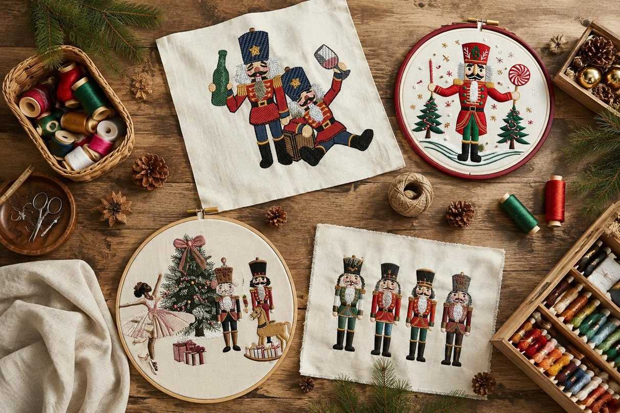 Creative project ideas using Nutcracker embroidery patterns.