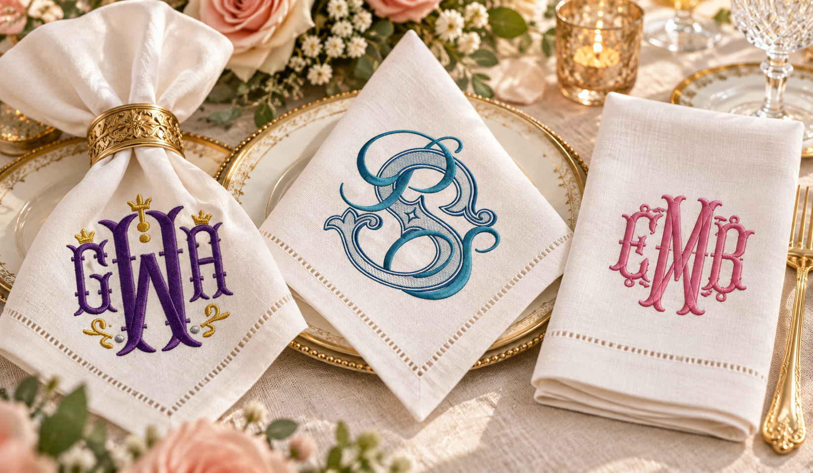 3 folded linen napkins styled together, showcasing Nola, Vienna and Cassidy monograms