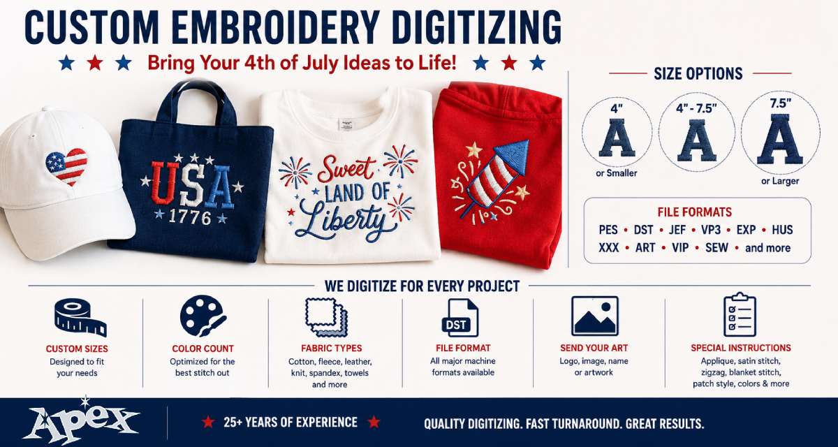 Apex can digitize designs for common embroidery machine formats, including PES, DST, JEF, VP3, EXP, HUS, XXX, ART, VIP, SEW, and more.