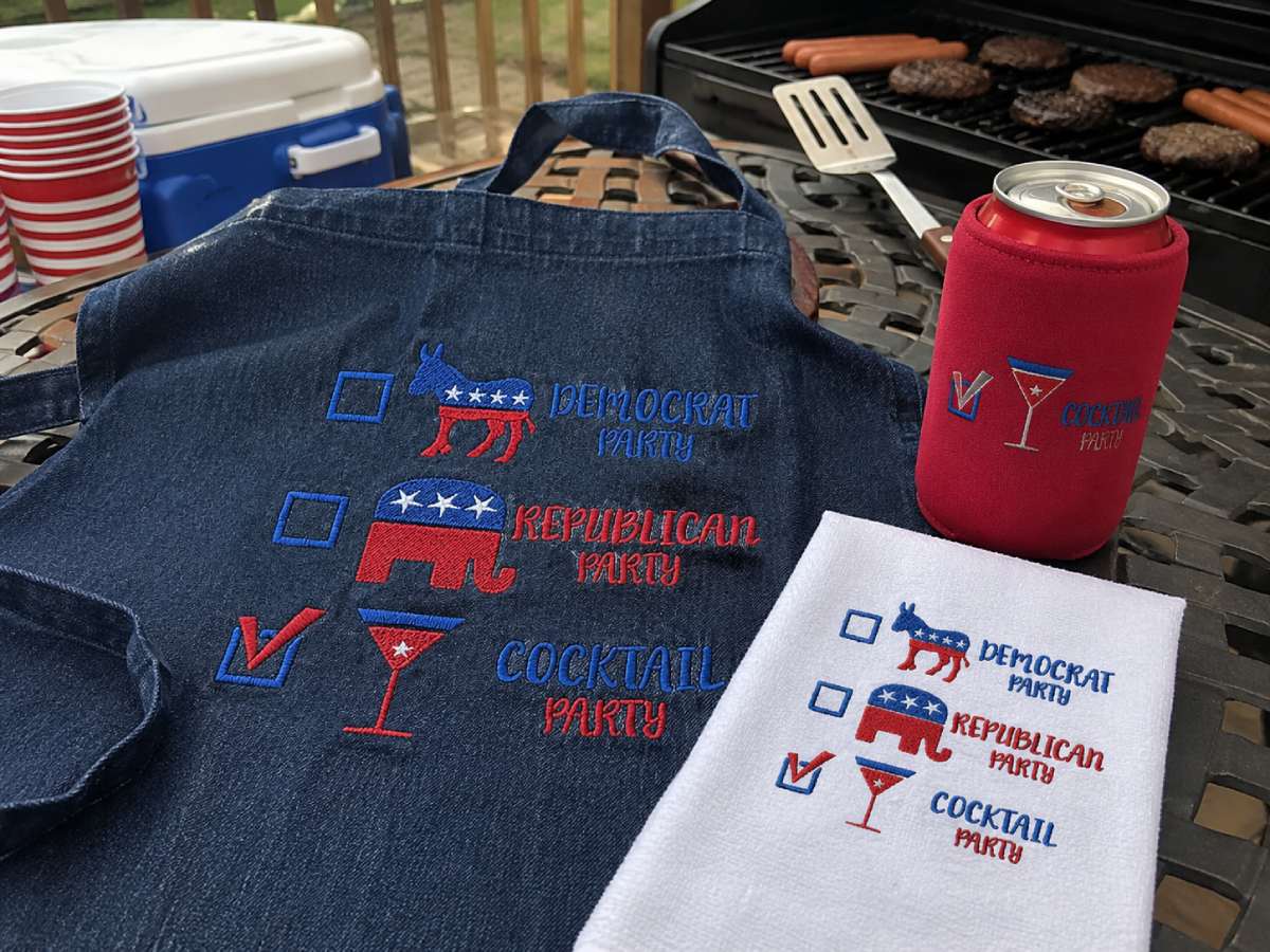This design fits aprons, bar towels, drink sleeves, koozies, party totes, and host gifts.