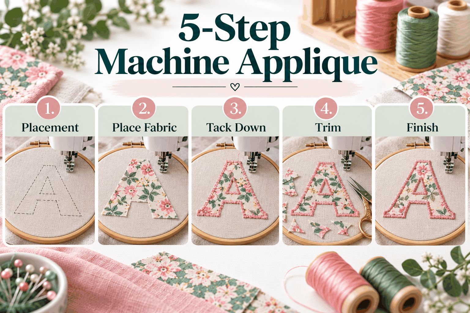 Five-step machine applique process from placement stitch to finished embroidery