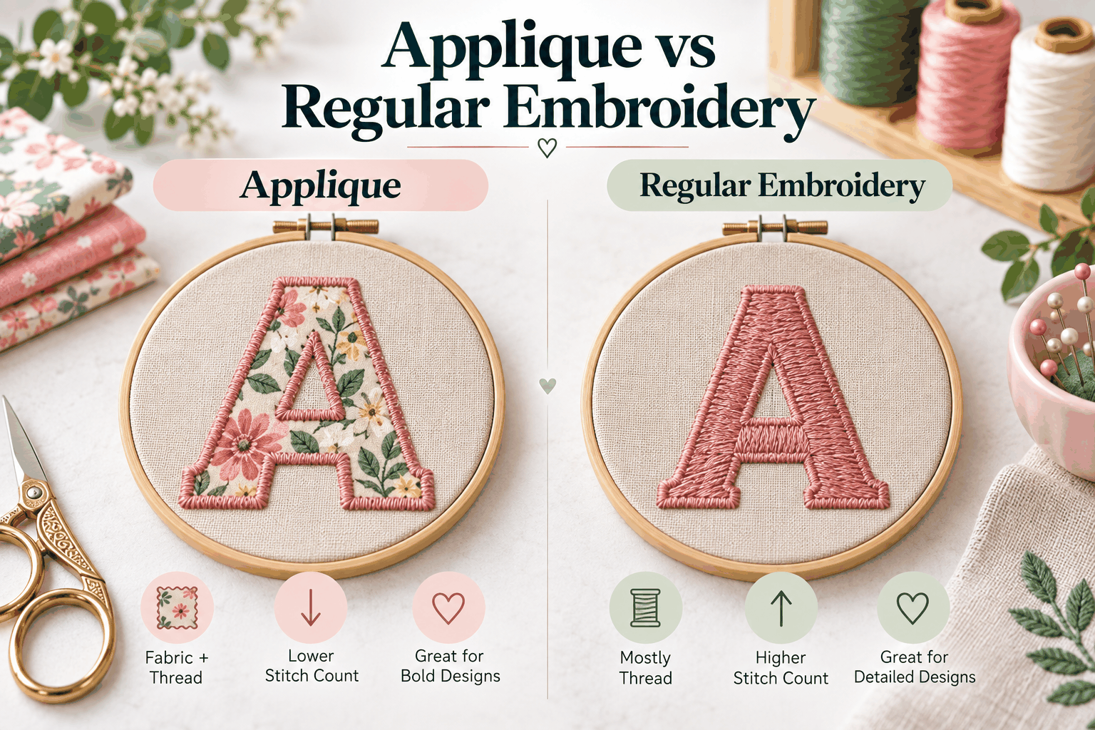 Applique embroidery compared with regular full-thread embroidery